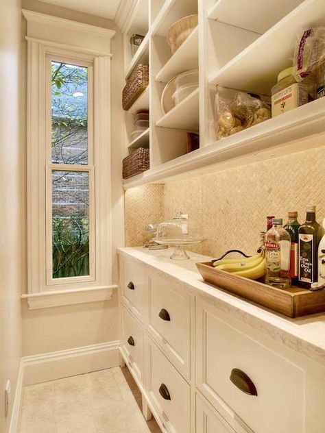 Long, narrow butler's pantry features open shelving over white shaker cabinets accented with oil-rubbed bronze pulls topped with white marble and paired with herringbone backsplash. Pantry Laundry Room Combo, Narrow Pantry, Pantry Inspiration, Transitional Kitchen Design, Pantry Laundry Room, Pantry Laundry, Pantry Room, Butler’s Pantry, Pantry Remodel