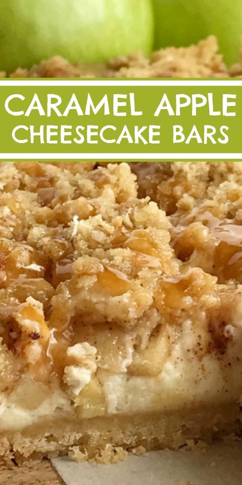 Caramel Apple Cheesecake Bites, Carmel Apple Cheesecake Bars Easy, Carmel Apple Cheesecake Bar, Short Bread Crust, Carmel Apple Cheesecake Bars, Apple Caramel Cheesecake, Cheesecake Cinnamon, Bread Crust, Apple Crisp Cheesecake