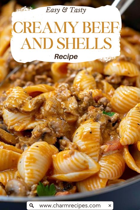 Creamy Beef and Shells: A Step-by-Step Recipe Guide Creamy Shells And Cheese, Beef And Cream Cheese Recipes, Meals With Shell Pasta, Tortellini And Ground Beef Recipes, Beef And Shells Recipe, Beef And Shells, Meat Stuffed Shells Beef, Ground Beef And Shells, Medium Shells Pasta Recipes