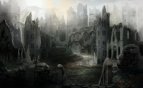 Destroyed Town Fantasy Art, Medieval Ruins, Dark Souls Concept Art, Steampunk City, Abandoned City, Fall City, Ruined City, Scene Art, Fantasy City