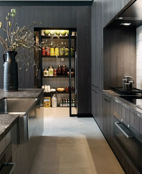 10. Dramatic Pantries Modern Kitchen Pantry, Modern Pantry, Kitchen Pantry Cabinets, Pantry Design, Kitchen Trends, Black Kitchens, House Renovation, Beautiful Kitchens, Renovation Project