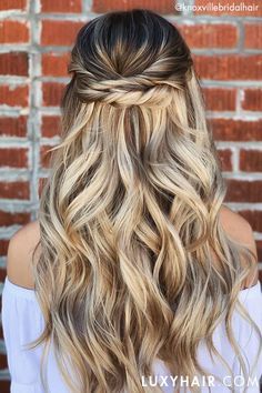 Emily Rosser wedding hair on Pinterest Summer Bridesmaid Hair, Down Curly Hairstyles, Down Wedding Hairstyles, Luxy Hair Extensions, Half Up Wedding Hair, Wedding Hair Half, Half Up Half Down Wedding, Bridesmaid Hair Long, Luxy Hair