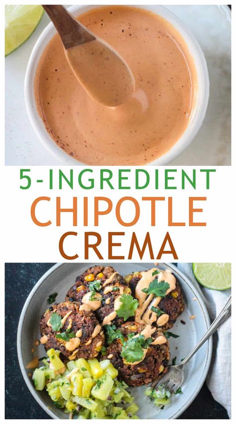 This Vegan Chipotle Crema is creamy, smoky, and so tasty! It's perfect as a dip for tortilla chips or drizzled over tacos, enchiladas, nachos, burritos, and more! This recipe needs just 5 ingredients and is made in just minutes! Vegan Crema Mexican, Vegan Chipotle Sauce, Vegan Crema, Wfpb Sauces, Mexican Burger, Dip For Tortilla Chips, Crema Recipe, Vegan Chipotle, Healthy Tacos Salad