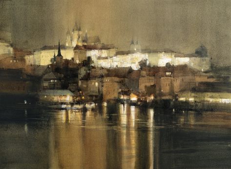 【布拉格之夜 / One Night in Prague 】 55 x 74 cm Watercolor , 簡忠威 Chien Chung-Wei, 2019 Draw Deep, don't be clear; Draw Rich, don't draw details; Draw feel, don't draw facts; Draw Taste, don't draw style. Chien Chung Wei, Art Grouping, Master Watercolor, Environment Painting, Watercolor Architecture, Fine Art Painting Oil, Watercolor Artists, Dutch Artists, Painting Gallery