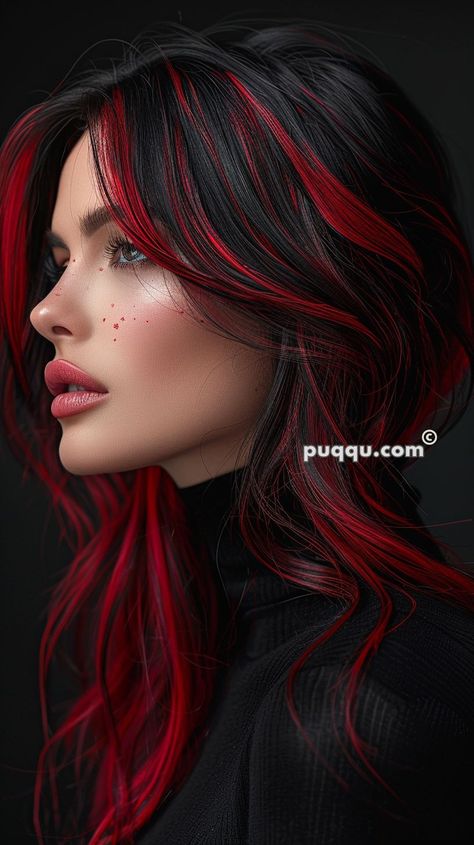 Black Hair with Red Highlights: Perfect Combo for Edgy Vibes Red Halo Hair, Red Hair Streaks, Black Hair With Red Highlights, Edgy Vibes, Black Red Hair, Mod Hair, Red Balayage, Strawberry Blonde Hair Color, Dip Dye Hair