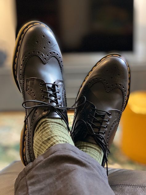 Braking in @drmartensofficial  shoes. Can’t wait for spring. #drmartensshoes #drmartensstyle 3989 Dr Martens, Big Palace, Yellow Stitch, Oxford Shoes Outfit, Leather Brogues, Popular Shoes, Leather Oxford Shoes, Brogue Shoes, Book Characters