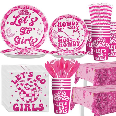 PRICES MAY VARY. 【SERVE 24 GUESTS】This west cowgirl set includes 24pcs 9 inches plates, 24pcs 7 inches plates, 24pcs Napkins, 24pcs ounce paper cups, 24pcs plastic forks, 24pcs plastic knifes, 24pcs plastic spoons, 24pcs paper straws, 2pcs 54inch*108inch tablecloths. These high-quality party supplies and well-designed patterns will surely be a hit at your wonderful party! 【COWGIRL THEME DESIGN】These Pink Cowgirl Theme birthday party table centerpieces adopt classic cowgirl themed elements, such Cowgirl Theme Birthday, Cowgirl Decorations, Cowgirl Party Decorations, Sweet 16 Party Decorations, Baby First Birthday Themes, Country Party, Party Table Centerpieces, Cowgirl Birthday Party, Plastic Forks