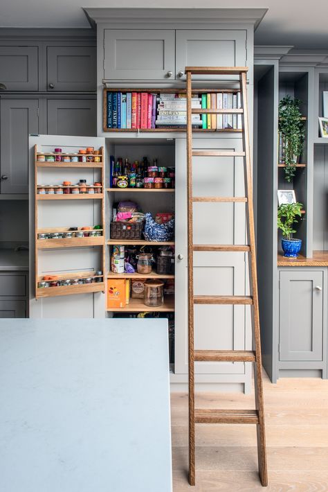 Ladders aren't just for libraries and books. They work beautifully for kitchens and larders! If you have high ceilings, then tall cabinets are your friend. And if you're on the short side like me, a ladder is a must - both practically and aesthetically. 🪜💫 #charliekingham #kitchenladder #larder #bespokekitchen #ladderrail Kitchen Tall Cabinet, Floor To Ceiling Kitchen, Kitchen Cabinet Wall, Kitchen Library, Wall Ladder, Tall Cabinets, Tall Kitchen Cabinets, Kitchen Ladder, Library Ladder