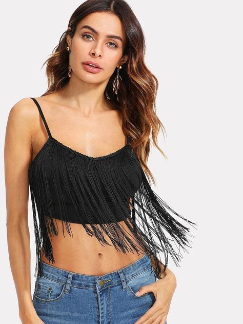 Fringe Embellished Crop Cami Top | SHEIN USA Belly Top, Cami Outfit, Fringe Crop Top, Fringe Tank Top, Look Festival, Crop Cami Top, Spaghetti Strap Crop Top, Womens Camisoles, Cropped Tops