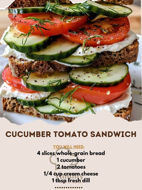 🥒🍅 A refreshing, crisp sandwich packed with flavor! #CucumberTomatoSandwich #FreshBites 🍽️ Cucumber Tomato Sandwich 🛒 Ingredients: 4 slices whole-grain bread 1 cucumber, sliced 2 tomatoes, sliced 1/4 cup cream cheese 1 tbsp fresh dill, chopped Salt & pepper to taste 👩‍🍳 Instructions: Prepare Spread: In a bowl, mix cream cheese, dill, salt, and pepper. Assemble Sandwiches: Spread cream cheese mixture on each slice of bread. Layer cucumber and tomato slices. Serve & Enjoy: Cut sandwiches in... Sandwich Cream Cheese, Crisp Sandwich, Dill Salt, Tomato Sandwiches, Cucumber And Tomato, Sandwich Cream, Grain Bread, Deli Sandwiches, Sandwich Ingredients