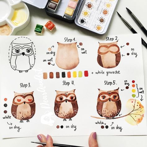 Happy Friday ☺️💕🌸 Here is my quick morning warm up. Have a nice day 😘☺️ . .🎨 paint - Pastel Dreams from @art_philosophy_co . .❤️ paper -… Drawing Owl, Owl Tutorial, Gouache Tutorial, Watercolor Painting For Beginners, Owl Watercolor, White Gouache, Watercolor Birds, Step By Step Watercolor, Watercolor Beginner