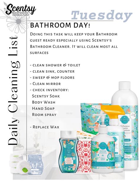 Scentsy Daily Post Ideas, Scentsy Bathroom Cleaner, Daily Cleaning List, Scentsy Cleaning Products, Scentsy Clean, Daily Cleaning Lists, Cleaning Lists, Scentsy Pictures, Scentsy Consultant Business