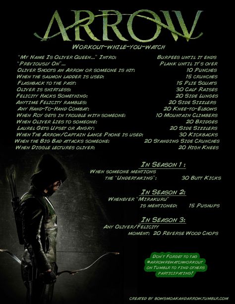 Arrow Workout-While-You-Watch Arrow Workout, Hunger Games Bow And Arrow, Hawkeye Bow And Arrow, Volleyball Workout, Tv Show Workouts, Arrow Funny, Flash Supergirl, Movie Workouts, Cw Arrow