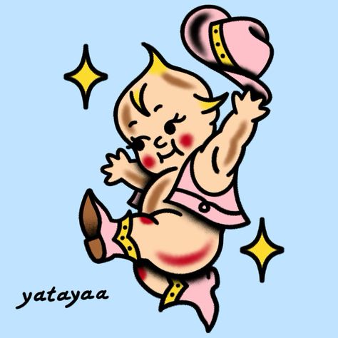 Kewpie Tattoo Traditional, Kewpie Tattoo, Vintage Tv Ads, Diy Doll Hair, Single Needle Tattoo, Cowboy Baby, Tattoo Traditional, Baby Illustration, Baby Cowboy