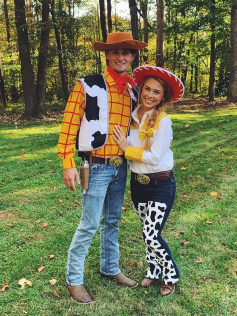 Couple Toy Story Costumes, Woody And Jessie Halloween Costumes, Halloween Costumes Duo Woody And Buzz, Couples Costumes Iconic, Couples Costumes Toy Story, Couples Halloween Costume Woody And Jessie, Toy Story Woodie And Jessie Couples Costume, Jessie And Woody Costumes Couple, Diy Woody Costume Men