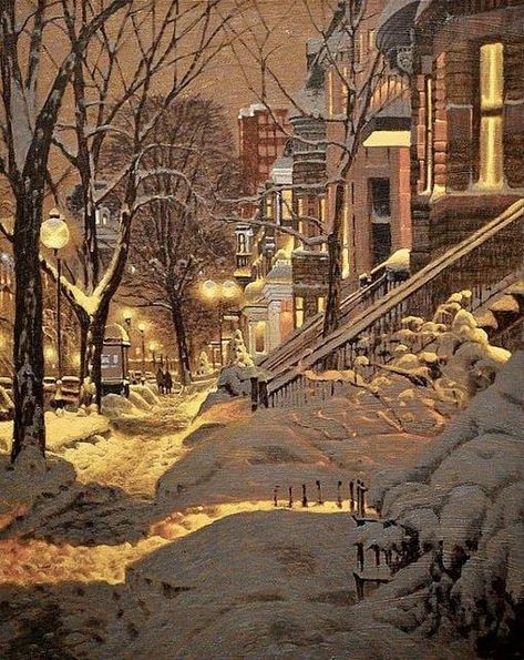 “A Winter Evening in Montreal,Canada” 2008 Canadian Painter, Richard Savoie (1959) Istoria Artei, Watercolor City, Ur Mom, Winter Scenery, Snow Scenes, Winter Pictures, Winter Wonder, Winter Art, Winter Aesthetic