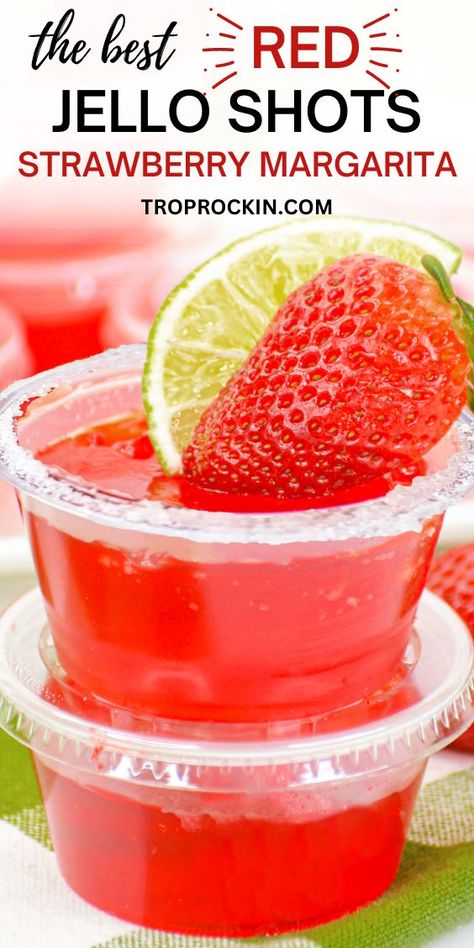 Jello Shots Strawberry, Red Jello Shots, Jello Shooters Recipe, Red Food Party, Shot Glass Desserts Recipes, Tequila Jello Shots, Strawberry Margarita Jello Shots, Strawberry Jello Shots, Strawberry Shots