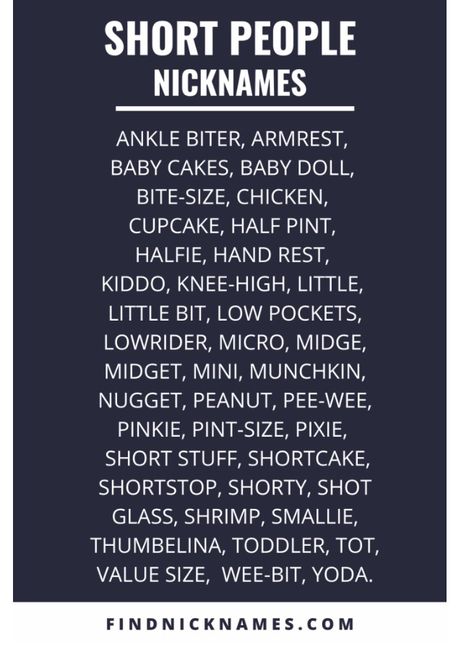 Cool, Popular and creative nicknames for short people. Need a nickname for someone short? Check out our list Names To Call Tall People, Nicknames For Short Friends, Mean Names To Call People Funny, Nicknames For Short Girlfriends, Things To Call Short People, Weird Nicknames For Best Friends, Mean Names To Call People, Nicknames For Tall People, Funny Nicknames For Friends Hilarious