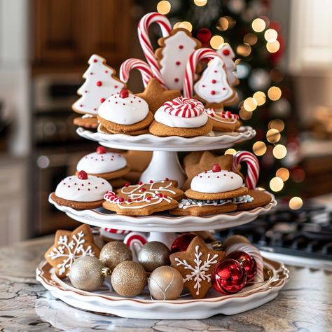 Festive Cookie Display: A beautifully arranged three-tiered stand showcasing an assortment of homemade Christmas cookies and holiday ornaments. #holiday #cookies #christmas #dessert #festive #aiart #aiphoto #stockcake ⬇️ Download and 📝 Prompt 👉 https://ayr.app/l/B7hu Holiday Dessert Display, Christmas Cookies Display, Christmas Dessert Table Display Ideas, Diy Cookie Stand Display, Christmas Cookie Bar Display, Christmas Dessert Bar Display, Cookie Stand Display, Christmas Cookie Table, Christmas Cookie Display