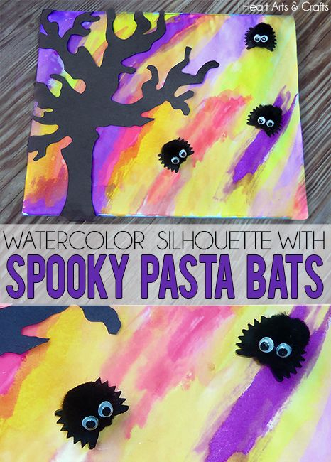 Watercolor Silhouette With Spooky Pasta Bats - Includes printable tree stencil! Easy preschool Halloween craft! #Halloween #Kids Pie Stencil, Spooky Pasta, Halloween Theme Preschool, Printable Tree, Watercolor Silhouette, Halloween Crafts Preschool, Halloween Watercolor, Kids Silhouette, October Crafts