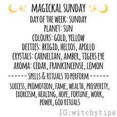 Magickal Sunday 🌙 Here are correspondences and best spells to do on a Sunday! Wicca Witchcraft, Witch Spell, Baby Witch, Modern Witch, Spells Witchcraft, Witchy Vibes, Day Of The Week, Spell Book, Book Of Shadows