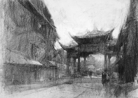 Charcoal Pen sketch composition practice charcoal sketch by Chien Chung-Wei Charcoal Architecture, Sketch Composition, Composition Practice, Charcoal Drawing Ideas, Things To Draw Ideas, To Draw Ideas, Charcoal Artists, Graphite Illustration, Mountain Sketch