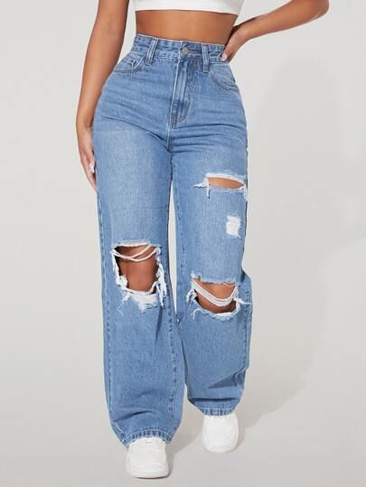 SHEIN PETITE High Waist Ripped Straight Leg Jeans | SHEIN Cute Ripped Jeans, Cute Pants, Outfit Jeans, Cute Jeans, Baggy Pants, Simple Trendy Outfits, Petite Jeans, Cute Simple Outfits, Really Cute Outfits