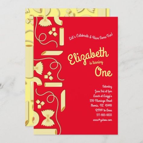 $2.80 | Noodles Pasta Kid 1st Birthday Party Italian #first, 1st, birthday, kids, cute, noodle, pasta, italian, food, colorful Italian Invitation, Pasta Gifts, Cute Birthday Party, 1st Birthday Celebration, Italian Party, Pasta Party, Italian Gifts, 80th Birthday Invitations, Colorful Invitations