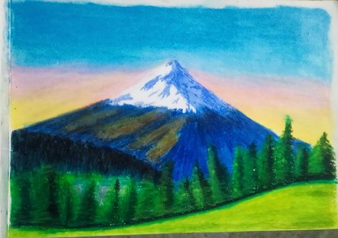 Mountain Drawing Oil Pastel, Mountain Drawing Color, Mountain Oil Pastel, Oil Pastel Landscape Easy, Oil Pastel Landscape, Oil Pastel Drawings Easy, Mountain Drawing, Oil Pastel Paintings, Pastel Landscape