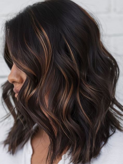 Hand Painted Balayage Brunettes, Subtle Partial Highlights For Brunettes, Dark Auburn Highlights, Dark Caramel Hair Color, Caramel Highlights On Dark Hair, Brunette With Caramel Highlights, Highlights Styles, Fall Hair Colors For Brunettes, Balayage Fall