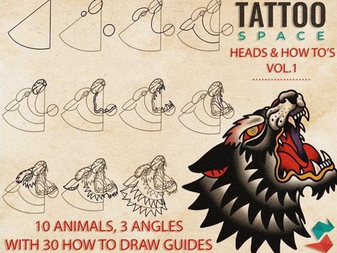 American Traditional Tattoo Tutorial, Traditional Tattoo Step By Step, Old School Tattoo Drawing Tutorial, American Traditional Tutorial, Tattoo Flash Inspiration, How To Draw Traditional Tattoos Step By Step, How To Draw American Traditional, How To Draw Traditional Tattoos, Animal Head Tattoo