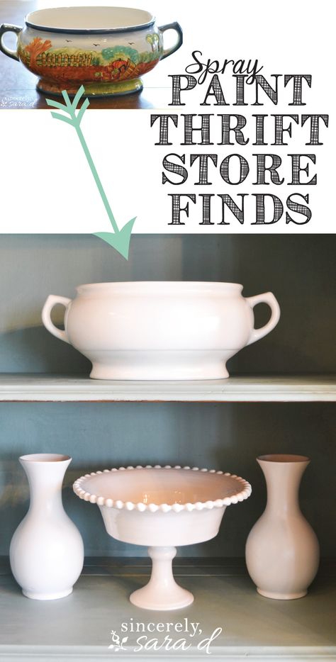 Spray paint thrift store finds - inexpensive but looks great! Diy Farmhouse Decoration, House Planning, Thrift Store Crafts, White Dishes, Farmhouse Decoration, Diy Farmhouse Decor, Thrift Store Finds, Décor Diy, Joanna Gaines