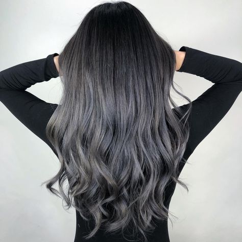 Dark Ash Gray Balayage, Dark Ash Grey Balayage, Dark Ash Gray Hair Color, Dark Grey Balayage, Grey Bayalage Hair, Dark Ash Grey Hair Color, Ash Gray Highlights On Dark Hair, Black Ash Hair, Dark Ash Gray Hair