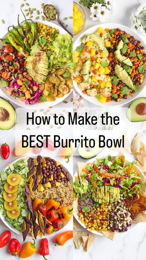 Colorful vegan burrito bowls Burrito Bowl Toppings, Plant Based Burrito Bowl, Mexican Power Bowl, Burrito Bowl Ideas, Burrito Bowl Salad, Mexican Food Bowl Recipes, Vegetable Burrito Bowl, Unwrapped Burrito Bowl Recipe, Burrito Bowl Bar Ideas