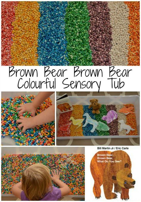 A fun sensory bin inspired by the book, Brown Bear, Brown Bear What Do You See? Brown Bear Brown Bear Activities, Brown Bear Book, Bear Activities, Bears Preschool, Brown Bear Brown Bear, Sensory Tub, Preschool Colors, Bear Brown, Bear Crafts