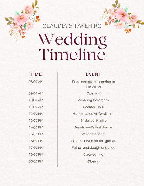 Looking for a hassle-free way to plan your wedding day? Our printable editable wedding timeline template is here to help! This timeline will ensure that everything runs smoothly on your big day, from the morning preparations to the late-night party. Our template is perfect for any couple looking to simplify their wedding planning process. Download it now and make your special day unforgettable! #printableweddingtimeline #editablewedding timeline #weddingplanning #wedding day #customizable Morning Wedding Timeline, Party Timeline, Wedding Lunch, Wedding Timeline Template, Wedding First Dance, Wedding Day Timeline, Wedding Timeline, Wedding Night, Planning Process