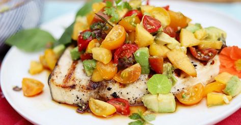 Grilled Swordfish with Tomato-Peach Salsa-Salad | Martha's Vineyard Magazine Lentil Spinach, Mustard Sauce Recipe, Salsa Salad, Grilled Swordfish, Swordfish Recipes, Bruschetta Toppings, Spinach Mushroom, Mushroom Salad, Peach Salsa