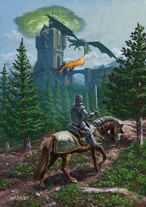 Dragon Attacking, Knight On Horseback, Dragon Medieval, Plate Armor, Forest Hills, On Horseback, Fantasy Castle, Fantasy Paintings, Fire Dragon