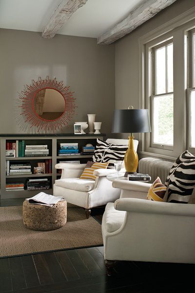 Taupe Paint Colors - Contemporary - den/library/office - Benjamin Moore Sparrow - Benjamin Moore Benjamin Moore Sparrow, Taupe Paint Colors, Taupe Paint, New Paint Colors, Trending Paint Colors, Paint Color Inspiration, Living Room Corner, Benjamin Moore Colors, Mirror On The Wall