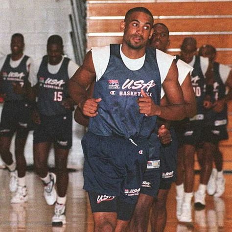 Rare Sports on Instagram: “Grant Hill leads the pack as he and other members of the US Olympic team run laps during practice (1996) - @RealGrantHill #USA #96 #Olympics” 1996 Olympics, Grant Hill, Us Olympics, Olympic Team, The Pack, Nba, Sports Jersey, Basketball, Running