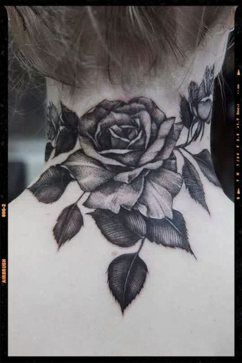 Large Back Neck Tattoo, Neck Cover Up Tattoos For Women, Neck Tattoo Inspiration, Chest Tattoo Cover Up, Neck Tattoo Cover Up, Back Of Neck Tattoos For Women, Rose Neck Tattoo, Blessed Tattoos, Cover Up Tattoos For Women