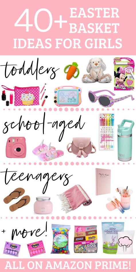 Find Easter basket gift ideas for girls of all ages: toddlers, school-aged, and teenagers. All on Amazon Prime! Forget the boring socks and cliché gift cards—these are Not Your Mom's Gifts. #easterbasket #easter #eastergifts #easterbasketideas #eastergiftsforgirls #eastersunday #giftsforgirls #giftsforkids Easter Basket Gift Ideas, Basket Gift Ideas, Creative Easter Baskets, Candy Easter Basket, Easter Egg Fillers, Girls Easter Basket, Easter Basket Ideas, Toddler Girl Gifts, Kids Easter Basket