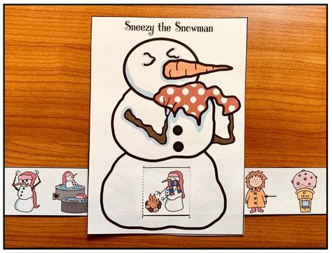 Snowman activities: Cute storytelling slider craft for "Sneezy the Snowman" by Maureen Wright. Comes in color + black & white. Children pull the strip to retell the story. Also includes a sequence the story "color, cut & glue" worksheet. Fun way to practice these standards. There are 3 different slider options to choose from. Prek Story Retelling, Sneezy Snowman Craft, Biggest Snowman Ever Activity, Sneezy Snowman Activities, Snowman Kindergarten Activities, Sneezy The Snowman Activities Free, Sneezy The Snowman Activities Preschool, Sneezy The Snowman Craft, Sneezy The Snowman Activities