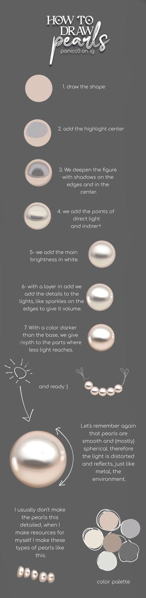 How To Color Pearls Digital Art, Pearl Digital Painting Tutorial, Pearl Coloring Tutorial, Gemstone Tutorial Drawing, Pearl Shading Tutorial, Pearl Tutorial Digital, Coloring Silver Digital, Drawing Silver Tutorial, How To Paint Pearls On Canvas