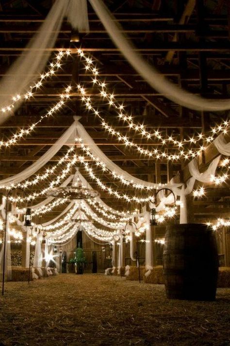 With the right decorations an old barn can become a unique and charming venue for your wedding reception. This is a guide about decorating a barn with draped Diy Wedding Reception Decorations, Wedding Reception Lighting, Barn Wedding Photos, Diy Wedding Reception, Barn Wedding Reception, Brewery Wedding, Country Barn Weddings, Barn Wedding Decorations, Pvc Pipes