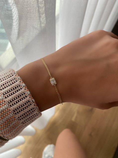 14k Yellow Gold Baguette Stone Bracelet | Etsy Luxury Dainty Bracelets For Everyday, Dainty Bracelets For Everyday Luxury, Luxury Dainty Gold Chain Bracelet, Elegant Gold Resizable Bracelets, Dainty Bracelets Gold, Minimal Rings Minimalist Jewelry, Luxury Gold Diamond Bracelet, Dainty Style, Bracelet Ideas Gold, Gold Band Bracelet