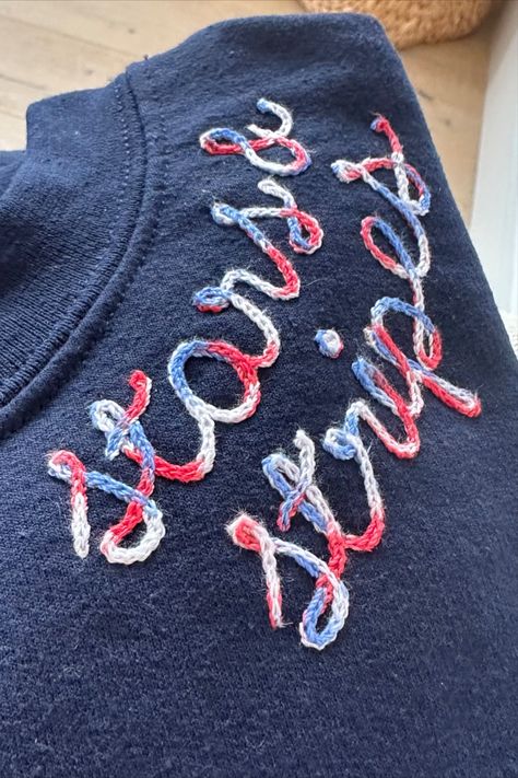 Red, white and blue customized vintage chainstitch swetshiorts and cashmeres. Will it say America? Stars & Stripes...or? Patriotic Clothing, Usa Embroidery, Chain Stitch Embroidery, Paris Olympics, Patriotic Outfit, And July, Personalized Embroidery, Diy Clothing, Embroidered Sweatshirt