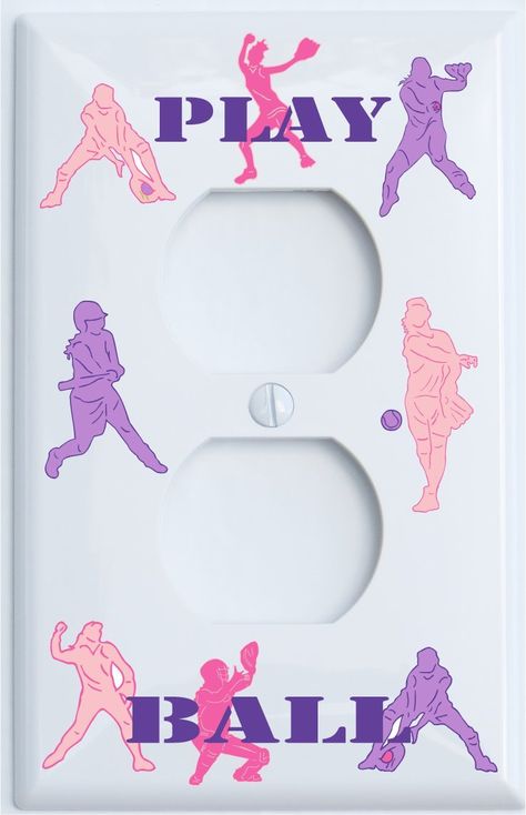 Size:Double Rocker Our Souble Rocker Softball Light Switch Plates are sure to bright up and children's or Teen Wall décor. These Softball Switch Plates are a fabric / canvas wrapped for a designer look that is sure to compliment any Girls Sports or Softball Wall Decor. Girls Softball Switch Plates Covers and Outlet Covers / Girls Sports Switch Plates This Double Rocker Softball Light Switch Plate is 5in by 5in and fits most Light switch openings The Eco-Freindly inks used to print our Girls Spor Softball Room Ideas, Softball Bedroom Ideas, Volleyball Themed Room, Softball Bedroom Decor, Girls Sports Bedroom, Softball Room Decor, Softball Bedroom, Wall Plate Decor, Softball Room