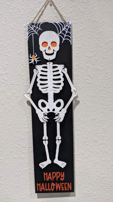 Dollar Tree Halloween Wood Crafts, Dallor Tree Diy Craft Ideas Halloween, Dollar Tree Skeleton Crafts, Wooden Haloween Decoracion, Wood Skeleton Craft, Dollar Tree Wooden Skeleton, Dollar Tree Wood Skeleton Crafts, Eek Sign, Dollar Tree Wooden Witch Cutout