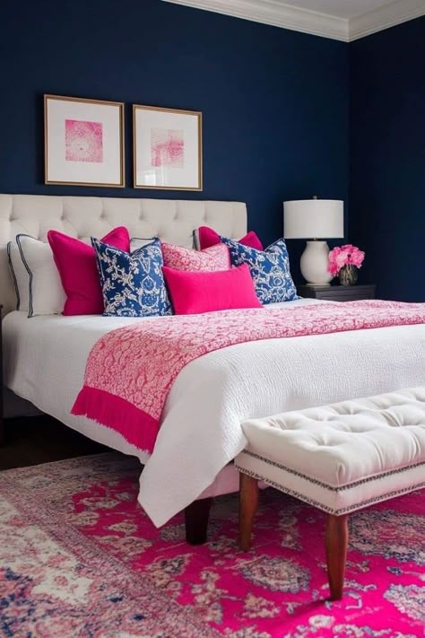 Navy Blue And Pink Bedroom, Rooms Makeover, Navy Blue Bedroom Ideas, Hot Pink Bedrooms, Ac Room, Navy Blue Bedroom, Blue And Pink Bedroom, 2023 Bedroom, Adults Bedroom